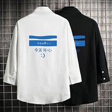 QC58033-P45亚麻七分袖衬衫男大码五分袖衬衣男短袖网格挂拍，男装衬衫，电商A040A