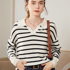 时尚撞色polo领秋冬季新款女时尚百搭显瘦35%羊绒衫，女装羊绒衫，尚品绒