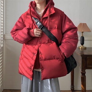 新款假两件棉服男加厚羽绒棉衣情侣款连帽拼色连帽外套M092-P75图片