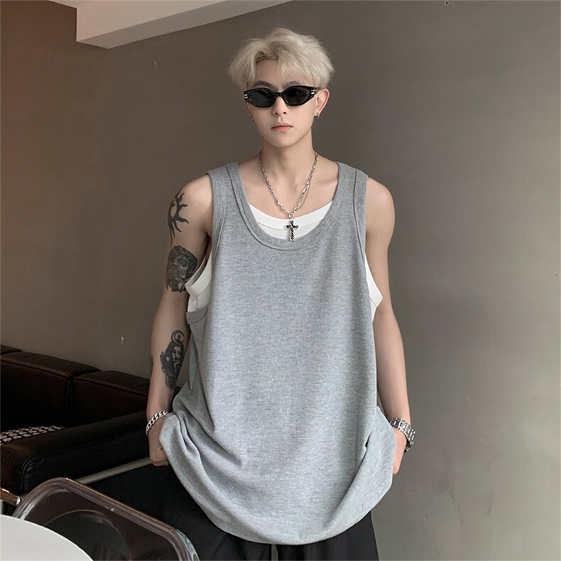 假两件坎肩背心男款夏季潮流美式上衣外穿无袖男t恤宽松BXA10-P25,男装背心/马甲,星座208-5