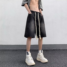 抽绳贴标牛仔短裤男夏季美式复古潮牌宽松沙滩裤D6604P38，男装牛仔裤，星座1116-2
