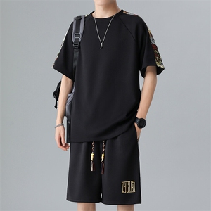 落肩袖拼接休闲运动套装夏季T恤短裤一套两件套A266-TZ9907-P47图片