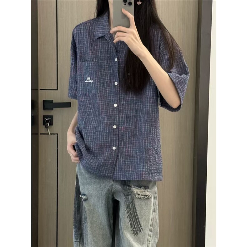 格纹短袖衬衫女夏季ins潮牌休闲宽松慵懒风男女款衬衣LA3166-P38,男装T恤,星座1008