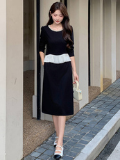 2025秋季新款时尚修身钉珠拼接黑色长袖连衣裙，女装连衣裙，超帛