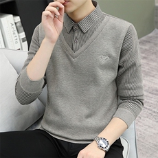 秋冬季男士假两件针织百搭衬衫领外套男毛衣内搭T恤9011加绒-P27，男装T恤，星座1706