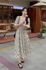 法式甜美茶歇碎花连衣裙女2025夏季新款韩版收腰显瘦温柔风长裙子，女装连衣裙，2C029