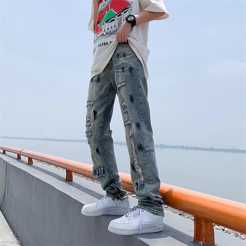 美式复古破洞牛仔裤男潮做旧补丁拉链修身直筒休闲长裤N8101-P47,男装牛仔裤,星座1116A-1（原606A）