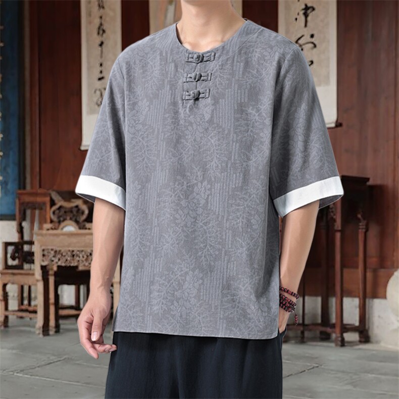 男士衬衫五分袖衬衣中袖印花圆领唐装风XZ1512-2612-P40,男装T恤,星座1512