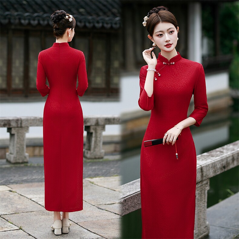 新中式风弹力网纱提花复合修身长款旗袍2552P145,女装汉服/婚纱/旗袍/礼服,乐衣轩