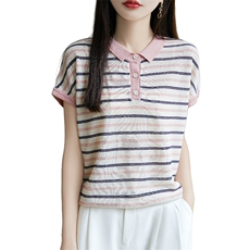夏季薄款条纹针织衫短袖女2025新款翻领大码百搭T恤宽松小衫上衣，女装针织衫/毛衣，郡淞羊绒