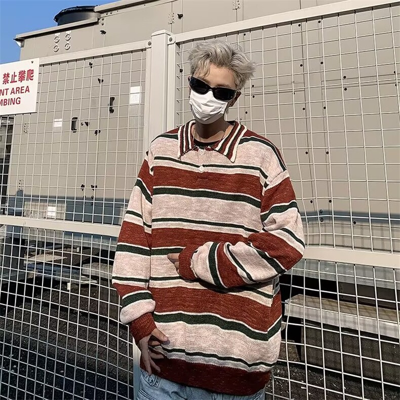 秋冬撞色条纹polo领毛衣男日系宽松慵懒风休闲毛线衣MZ481-P55,男装针织衫/毛衣,星座412-3