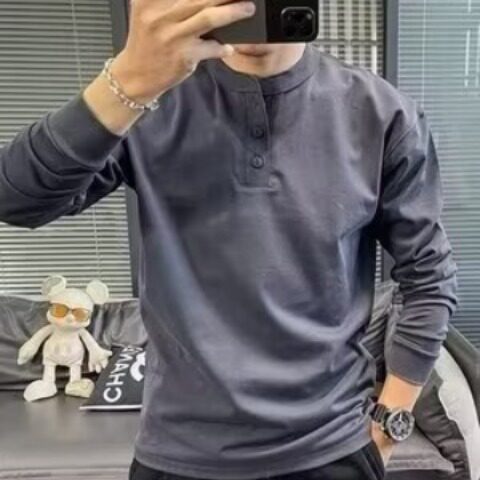 美式小立领卫衣男重磅华棉修身长袖亨利领t恤紧袖内搭打底亨利衫，男装T恤，星座506A