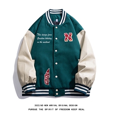 白底2024秋季潮牌字母印花pu皮翻领棒球服夹克外套G642P85控108，男装夹克，电商A247-1