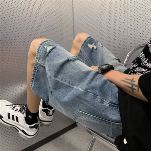 港风破洞牛仔短裤男夏季薄款直筒宽松中裤1001-1-DK803-P42图片