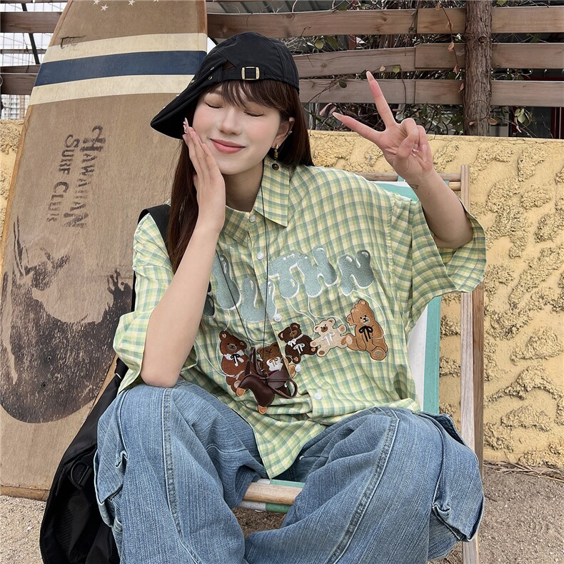 CEDY夏季美式童趣小熊刺绣格子翻领短袖衬衫美拉德古着学院衬衣图片