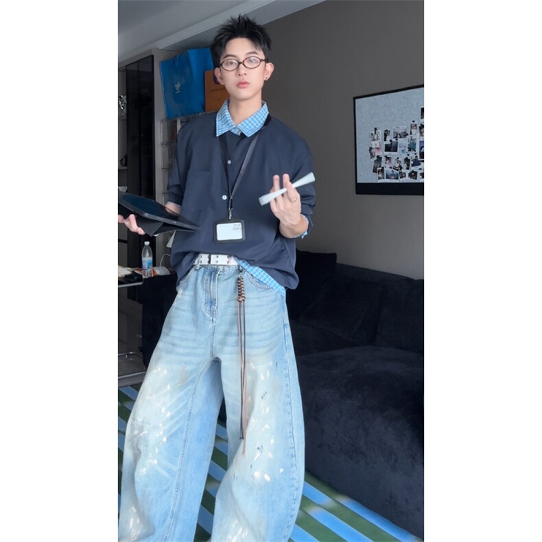 现货潮假两件藏青色格子长袖衬衫外套CS06-特P38,男装衬衫,电商C310