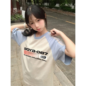 抖音得物品质二开240克宽松纯棉美式潮牌插肩三杠织带短袖T恤图片
