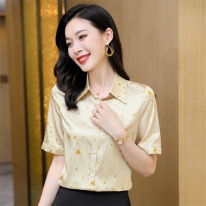 大牌真丝衬衫女短袖印花杭州桑蚕丝上衣衬衣气质小衫半袖2025夏装图片