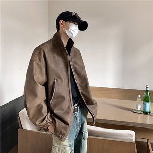 1港风美式复古做旧面料双拉链大口袋PU皮衣夹克男JK77777P95控128图片