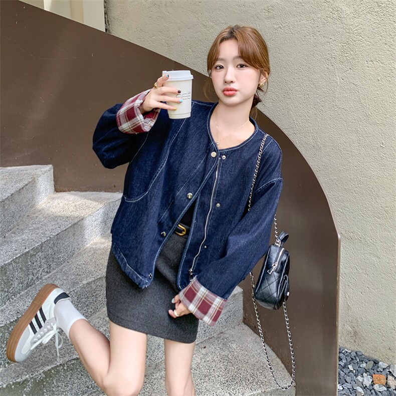 现货~~！！港风复古宽松休闲短款格子拼色牛仔外套P145,女装短外套,2C262