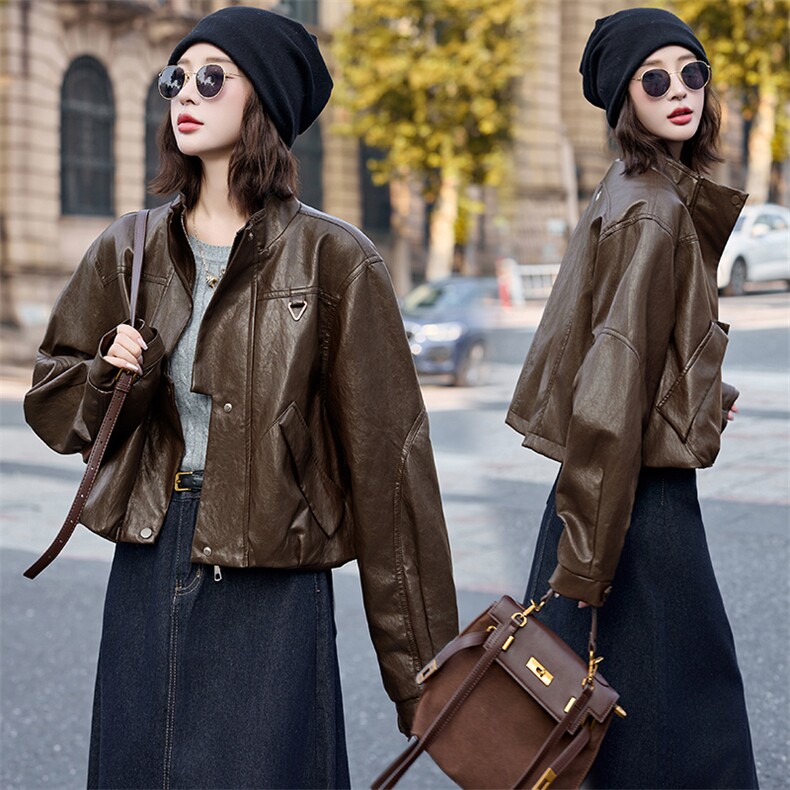 2025秋装新款简约时尚摩登复古皮衣外套，女装皮衣，魅丽静蓝