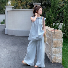 法式设计感无袖花边两穿上衣女2025夏新款减龄背心阔腿裤两件套装，女装套装/套裙，2C135