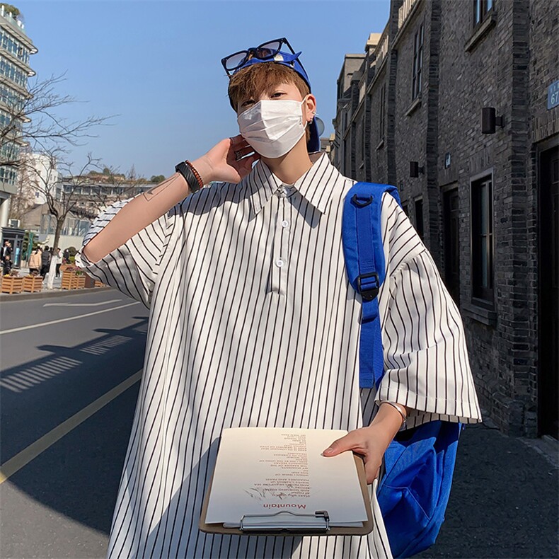 C8036/P35港风夏季条纹冰丝衬衫男短袖衬衣宽松休闲大码上衣图片