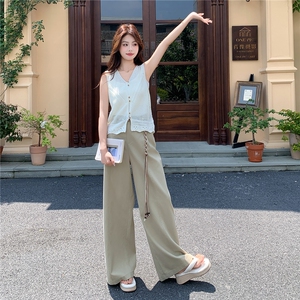 2026针织上衣+设计感杏色高腰阔腿裤女夏版型超好宽松垂感套装图片