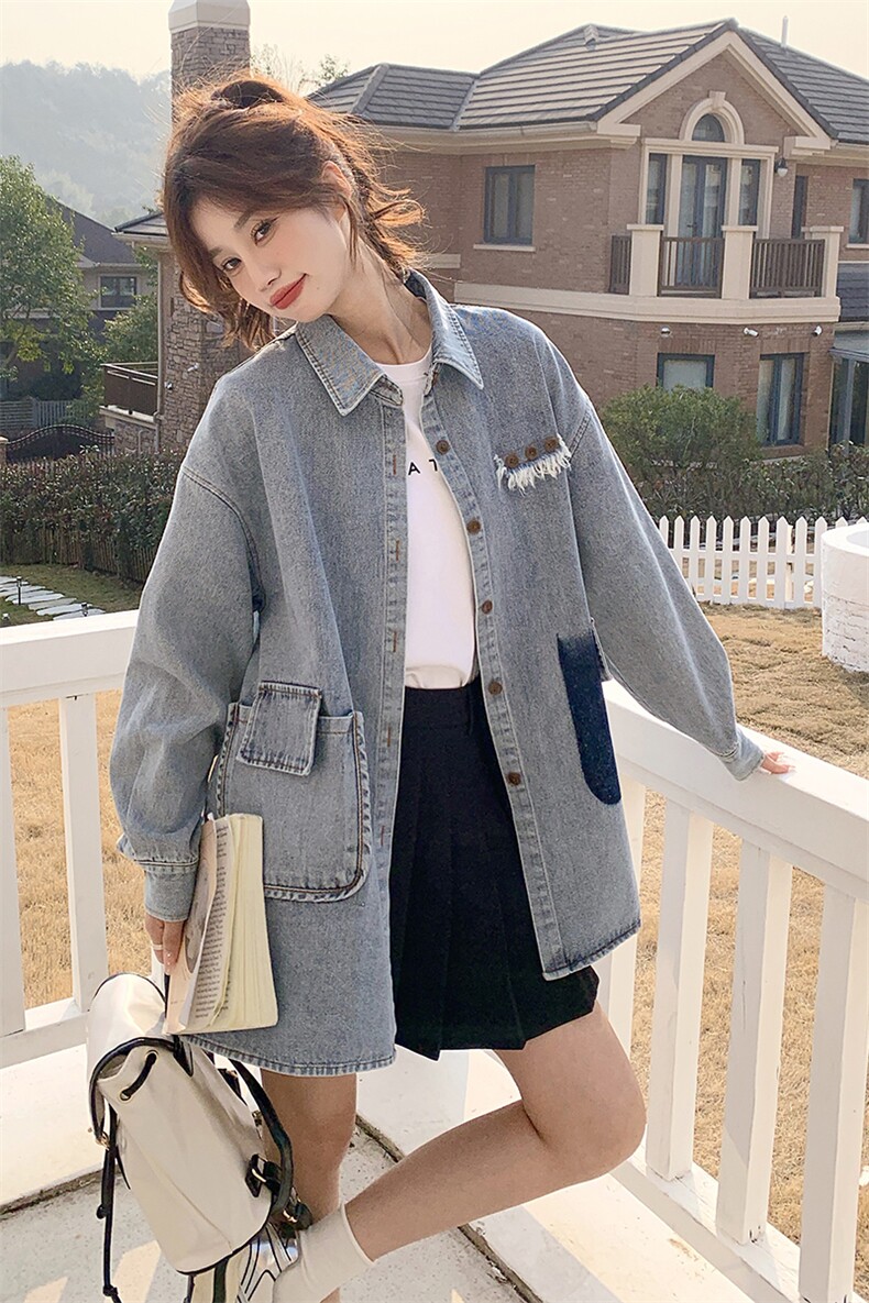 时尚春季牛仔外套女中长款宽松显瘦百搭休闲上衣,女装短外套,秋水欣儿