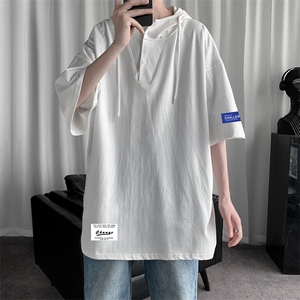 LD54062-P45 连帽短袖t恤男大码胖子带帽五分袖中袖图片