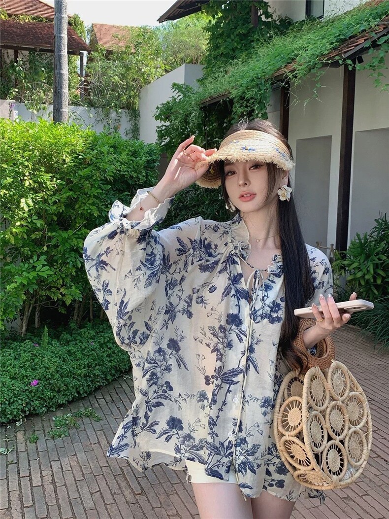 美学沉淀夏季高级感轻薄透气复古碎花宽松显瘦衬衫上衣图片