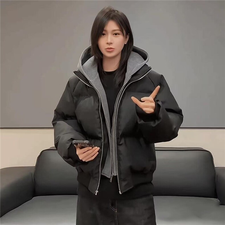 网图假两件PU皮棉服连帽拉链棉衣加厚保暖外套青少年冬季穿搭,男装棉衣,电商C307