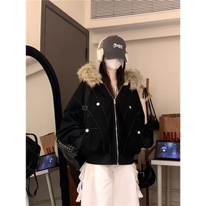 现货重磅boxy短款棉衣座山雕大毛毛领男女棉服水洗工装厚外套图片