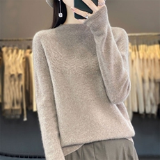 一线成衣针织100%羊毛衫女半高领花朵镂空宽松套头毛衣打底羊绒衫，女装羊毛衫，鲁菏羊绒