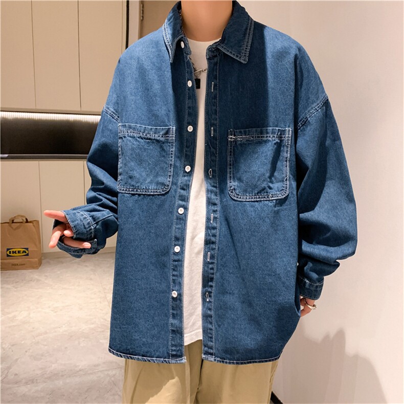 工装牛仔衬衫男秋季新款ins潮流薄款衣服宽松休闲开衫长袖衬衣,男装衬衫,星座505-2（原电商A260-1)