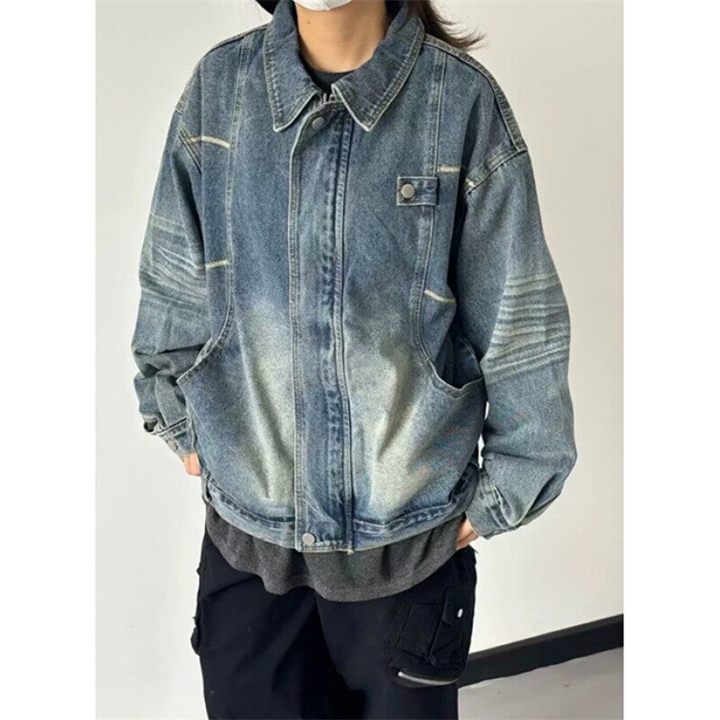 立体解构水洗美式水洗做旧牛仔外套男女春秋蓝色宽松夹克 JK8898图片