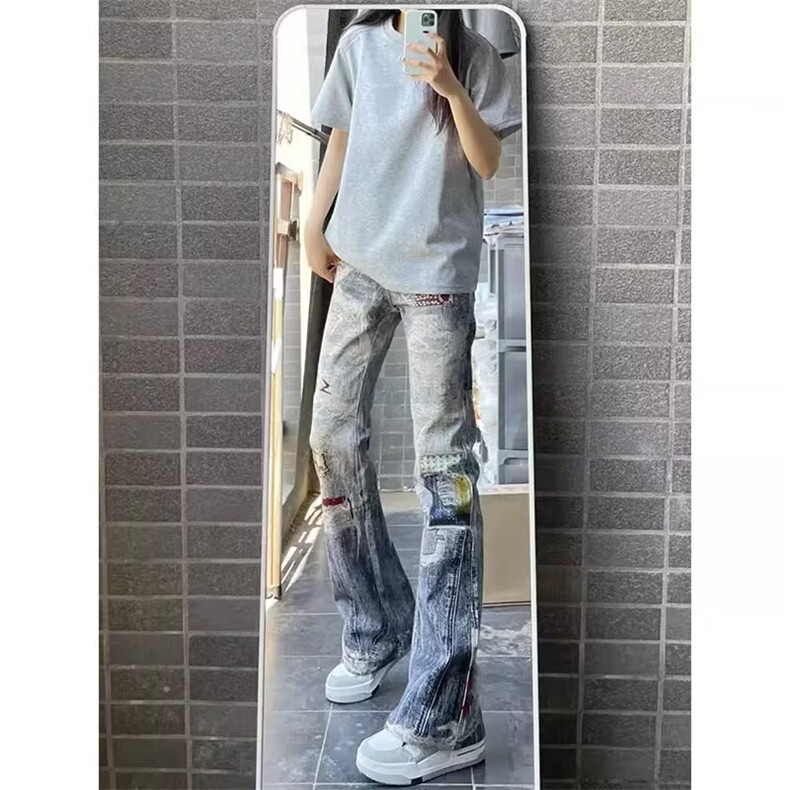 高腰阔腿破洞牛仔裤设计感小众夏季复古显瘦做旧涂鸦垂感直筒裤,男装牛仔裤,星座601-1