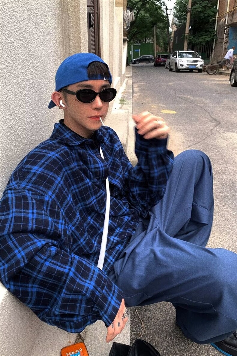 磨毛蓝色格子衬衫松弛感宽松大版复古简约小刺绣长袖薄外套,男装衬衫,星座218-1（原230）