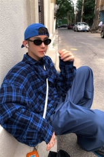 磨毛蓝色格子衬衫松弛感宽松大版复古简约小刺绣长袖薄外套，男装衬衫，星座218-1（原230）