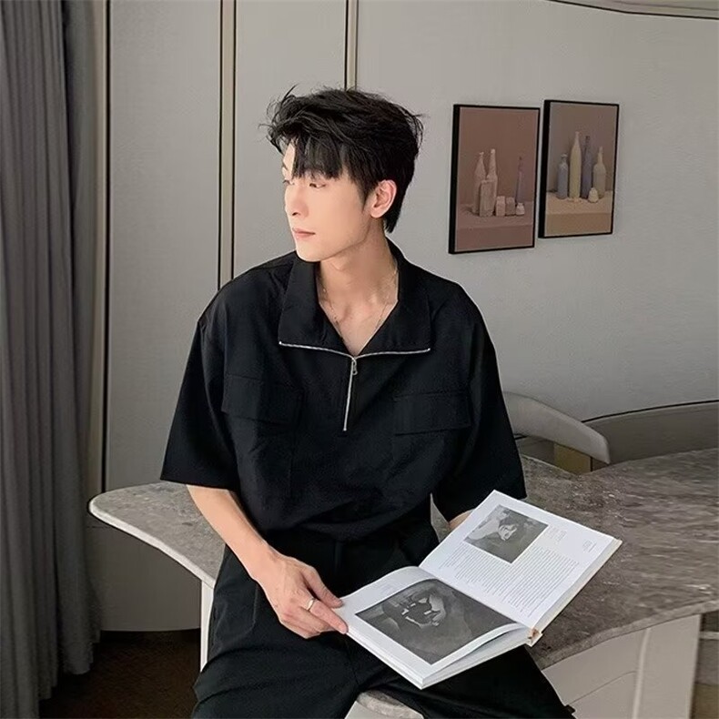 夏季半拉链短袖T恤男士垂坠小众设计感衬衣潮牌休闲宽松高领上衣，男装T恤，星座506A