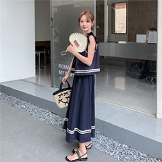 藏青色小飞袖上衣套装裙女2025年夏季新款气质高级感半身裙两件套，女装套装/套裙，2C206