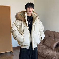现货三防重磅硬挺boxy短款羽绒棉衣座山雕大毛毛领PU皮棉服外套冬，男装棉衣，电商A443
