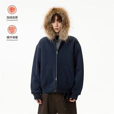 加绒卫衣开衫冬季连帽大毛领双拉链外套男女5D4098-TP75118，女装短外套，电商A102