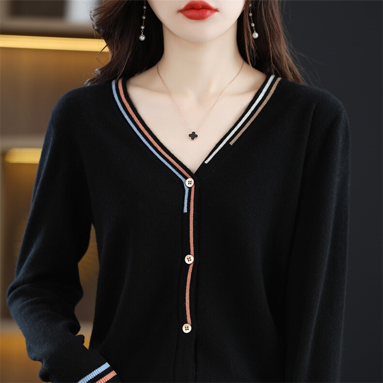 V领拼色羊毛开衫女宽松慵懒风简约气质长袖毛衣外套羊绒衫，女装羊毛衫，秋虹羊绒
