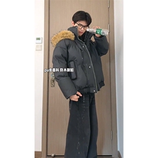 现货三防重磅硬挺boxy短款羽绒棉衣座山雕大毛毛领PU皮棉服外套冬，男装棉衣，电商A443