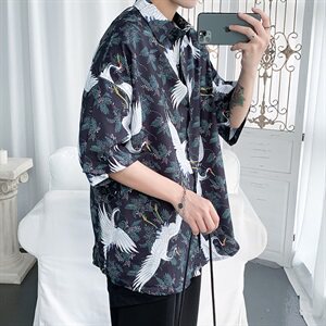 CS08-P45  夏季大码港风薄款冰丝仙鹤印花男士半袖衬衫短袖衬衣图片