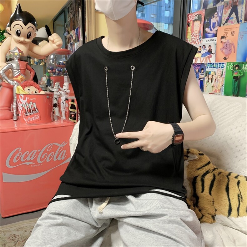 夏项链无袖T恤男个性潮牌ins潮流宽肩砍袖背心嘻哈坎肩T664-P25,男装T恤,星座512-2