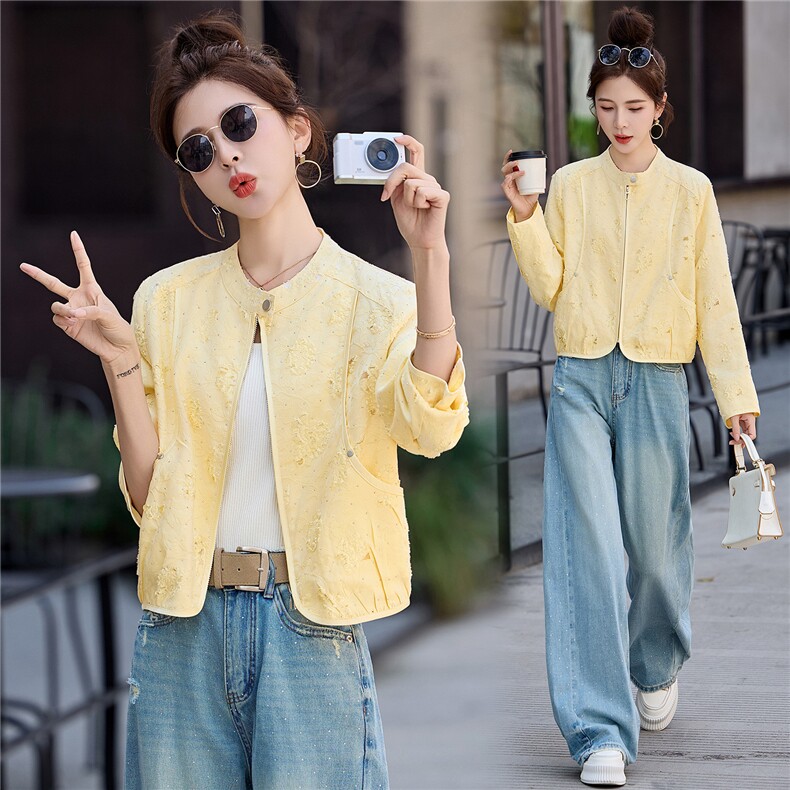 2026春季新品简约时尚休闲提花烫钻外套，女装短外套，美沁