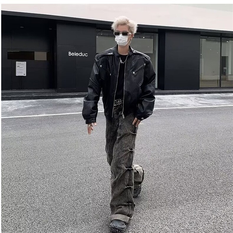 高街pu皮衣外套男春秋美式高级小众设计感痞帅飞行员工装夹克,男装皮衣,星座506A