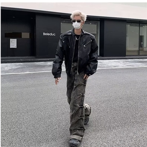 高街pu皮衣外套男春秋美式高级小众设计感痞帅飞行员工装夹克图片
